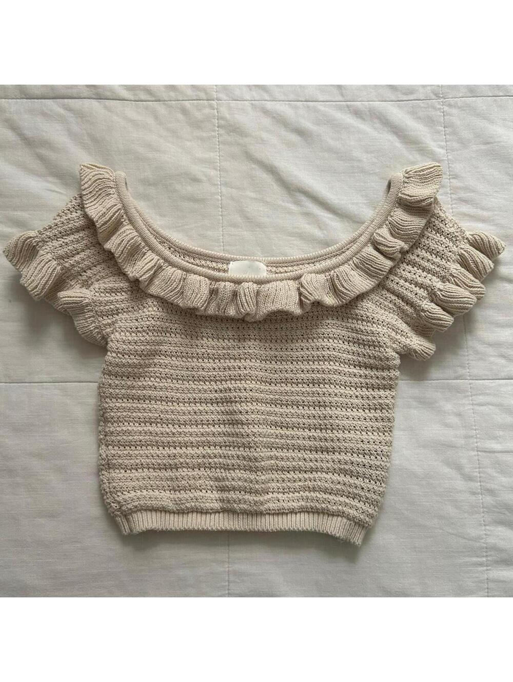 H&M Cream Knit Ruffle Crop Top Size S